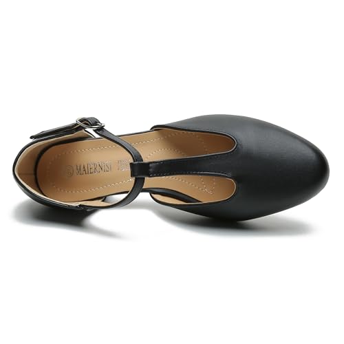 Image of MAIERNISI JESSI Women's T-Strap Mary Jane Pumps, Low Block Heel, Closed Toe, Buckle Ankle Strap