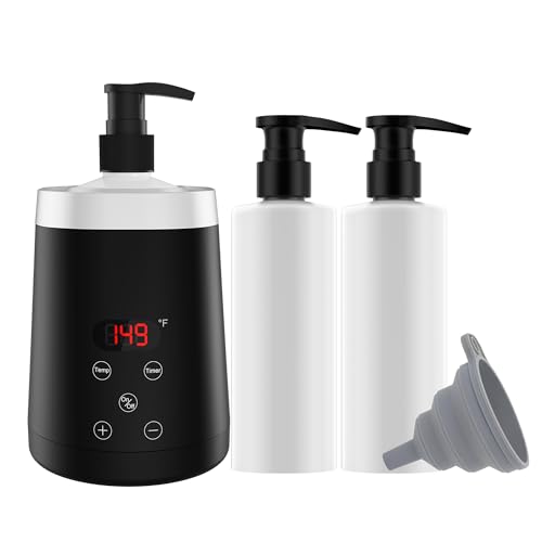 Calentador de aceites de masaje LINBEAUTI con dos botellas, calentador y un embudo para calentar aceites de masaje, lociones y geles de ducha para el hogar y salones de spa.
