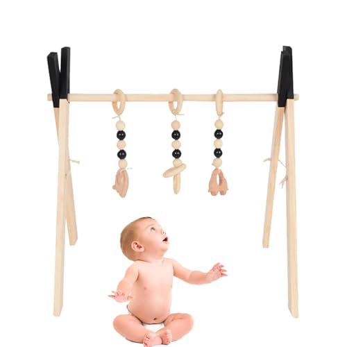 Mwqpgyh 45X 37.5 X 47.5cm ベビージムセット木製 ベビープレイジムベビージム 木製 プレイジム おもちゃ付きベビープレイステージベースの開発ツール、赤ちゃんのためのベビージム、新生児、3つの注目のおもちゃを備えた幼児アクティビティジ