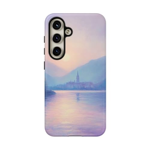 Coque Samsung S24 violette paysage de lac brumeux au coucher de soleil