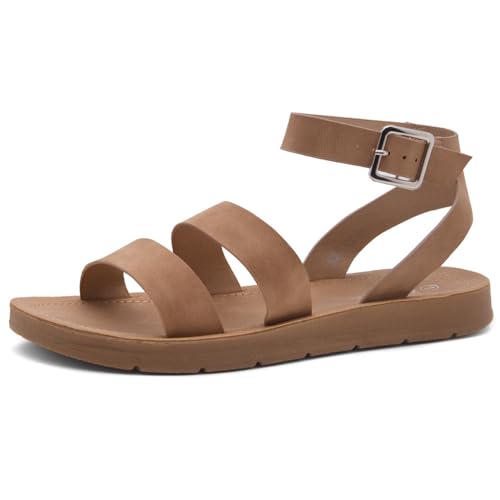 Herstyle Needed Me Women's Flat Sandals, Open Toe Two Bands with Ankle Strap and Buckle, Lightweight Sandals with Cushioned Footbed for Summer Walking and Daily Wear