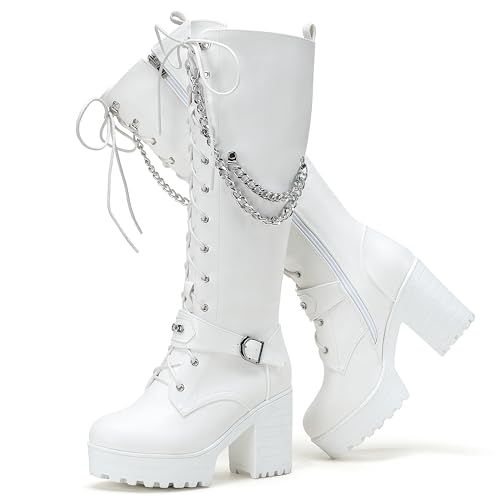 Image of Voviggiw Women Fashion Platform Knee High Boots Chain Lace Up Chunky Heel Boots with Buckle Side Zipper Biker Boots White Size 36