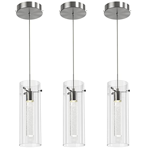 Esfos Pendant Ceiling Light Fixture, LED Kitchen Lighting Crystal Pendant Lights Kitchen Island, 1-Light Integrated Kitchen Hanging Light Fixture Modern Island Light with Bubble Glass Three Pack