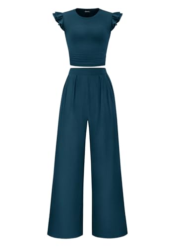 KIRUNDO Summer Outfits For Women 2026 Two Piece Set Ribbed Cap Sleeve Crop Top Wide Leg Pants Spring Matching Lounge Sets(Dark Blue Medium)