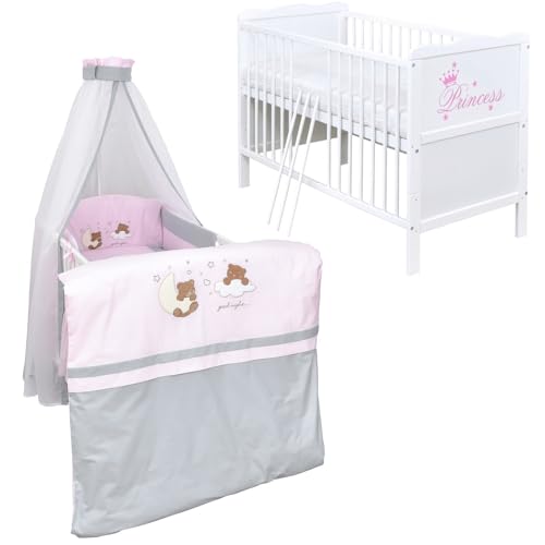 Generisch Baby Delux Babybett Komplett Set Kinderbett umbaubar zum Juniorbett weiß 70x140 Princess Bettwäsche mehrteilig (Traumland rosa grau)