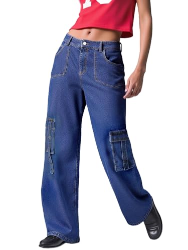 High Waist Baggy Cargo Jeans for Women Straight Wide Leg Denim Pants with 6 Pockets