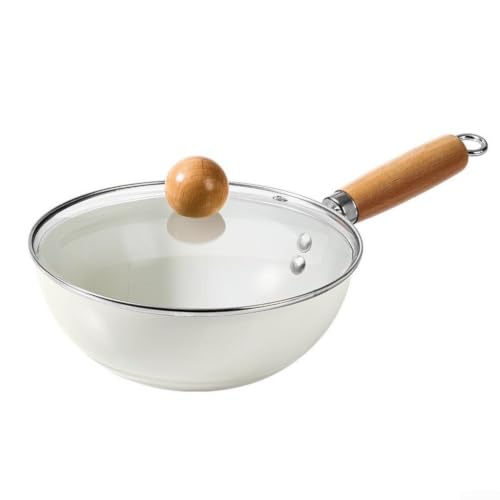 MKTOLHUS Petit wok avec couvercle, poêle à frire à fond plat de 20 cm avec poignée en bois, casserole antiadhésive pour cuisinière à gaz à induction, blanc