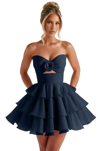 Strapless Organza Homecoming Dresses for Teens with 3D Flower Tiered A-Line Mini Formal Dress for Women
