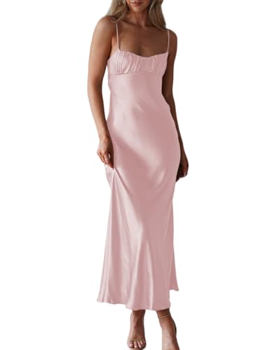 Satin Spaghetti Strap Backless Ruched Twist Cocktail Dresses for Women Silk Open Back Cut Out Midi Dress Wedding Guest Pink