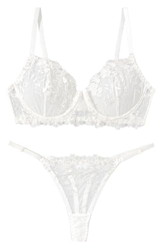 KEOYA Women's Sexy Floral Lace Lingerie Set Sheer Embroidered Mesh Bra and Panty Medium White