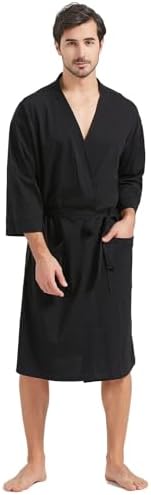 FashGudim 100% Cotton Knit Robe for Men Lightweight Summer Robes Thin Kimono Bathrobes Knee Length