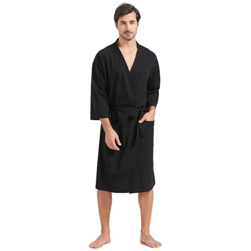 FashGudim 100% Cotton Knit Robe for Men Lightweight Summer Robes Thin Kimono Bathrobes Knee Length