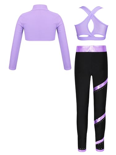 YEAHDOR Girls 3 Pcs Dance Sports Outfit Mock Neck Crop Top Sleeveless Top with Pants Gymnastic Ice Skating Tracksuit2