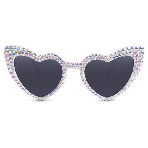 Yogfit Heart Rhinestones Sunglasses for Women - Fashion Classic Love Eye Protection - Vintage Cute White Heart Sunglasses