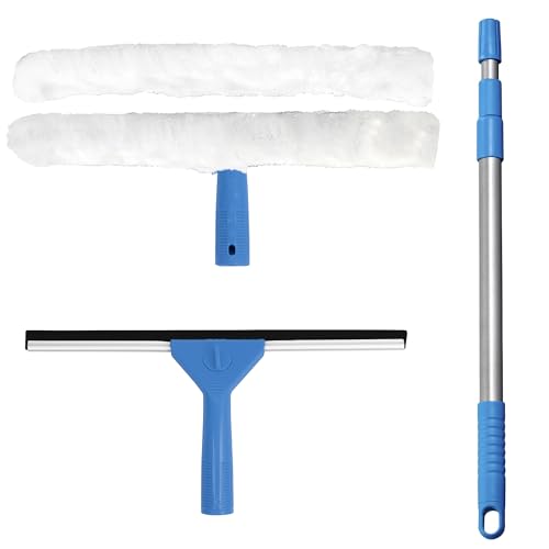 iTrend Window Glass Cleaning Kit – 55cm to 120cm Adjustable Pole – With Microfiber Washer, Rubber Squeegees – Extra Cleaning Pads - Blue