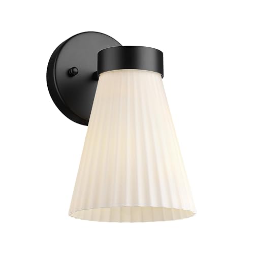 Image of Indoor Wall Light Fixture, HWH Modern Wall Sconce Vanity Light with Frosted White Striped Glass Shade, Matte Black Single Wall Sconce for Bathroom Bedroom, 5HZG97B BK