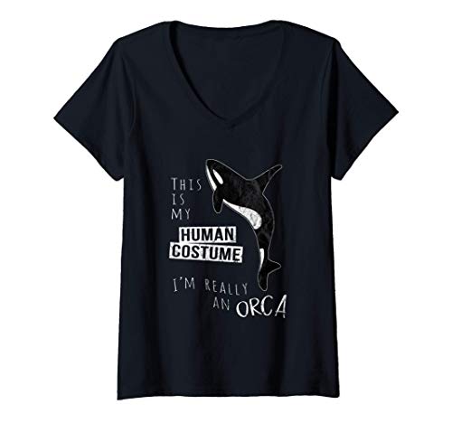 Womens My Human Costume I'm Really An Orca Whale Silhouette V-Neck T-Shirt