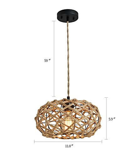 AMZASA Boho Pendant Light Rustic Hand-Woven Hemp Rope Cage Basket Rattan Hanging Lamp Wicker Coastal Retro Light Fixtures for Hallway Entryway Kitchen Island Dining Room - Image 3