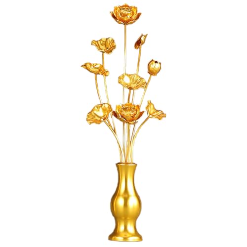 Xixining 常花 仏花 蓮華 お盆用品 はすはな 仏壇用の仏具 ロータス 花びん付き 金メッキ 金色 枯れない 法事 法要 命日 飾り お彼岸 お供え (9束-大サイズ38cm)