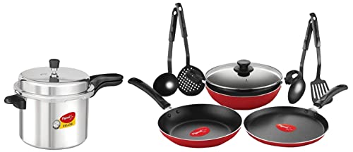 Image of Pigeon by Stovekraft 104 Deluxe Aluminium Pressure Cooker, 7.5 Litres & Mio Nonstick Aluminium Cookware Gift Set, 8 Pieces Kitchen Set