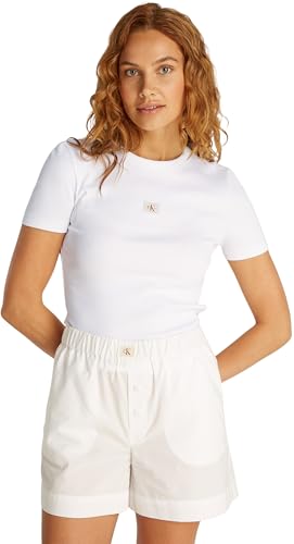Calvin Klein T-Shirt Manches Courtes Femme Woven Label Rib Tee Slim Fit, Blanc (Brilliant White), XL