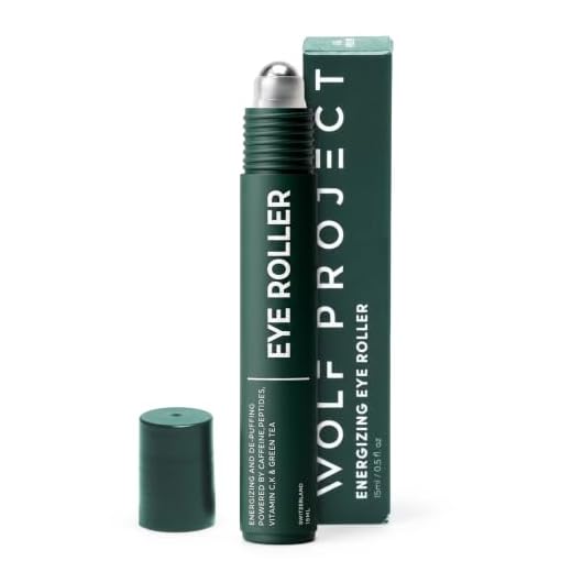 Wolf Project Under Eye Roller with Caffeine, Vitamin C and Peptides - Energizing Eye Serum for Dark Circles and Puffiness, Fine Lines, Wrinkles - Gel-Based Brightening Eye Cream for Men (15ml)