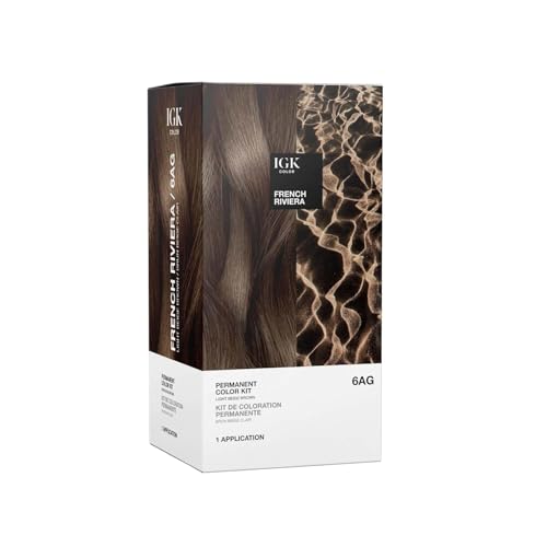 IGK Permanent Hair Dye Color Kit | 6AG French Riviera - Light Beige Brown | 100% Gray Color Coverage + Strengthen + Shine | Ammonia Free