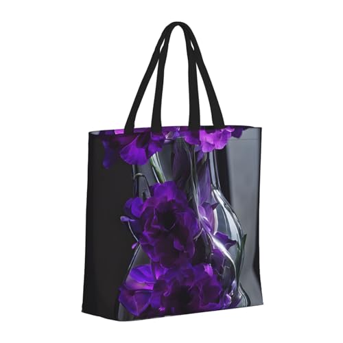 (Purple Flower) Large Reusable Tote Bag For Women Foldable Washable Shoulder Bag For Shopping Beach Travel Gym Work2
