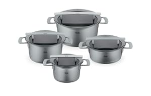 Fissler Phi Collection/Edelstahl-Topfse... Töpfe mit Glas-Deckel (3 Kochtöpfe, 1 Bratentopf) – Induktion