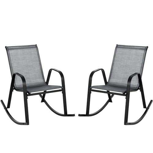 COSTWAY Chaise de Jardin à Bascule Lot de 2, Fauteuil à Bascule avec Accoudoirs, Cadre en Métal, Rocking Chair Ergonomique pour Jardin, Piscine, 91 x 62 x 86 cm (Gris)