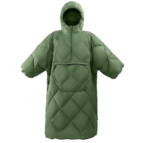 ATEPA Wearable Sleeping Bag, Recycled Camping Wearable Down Blanket Poncho, Ultralight Warm Water Repellent Cold Weather Sleeping Bag Coat Suit for Outdoor Sports, Winter Poncho Women Men, Green