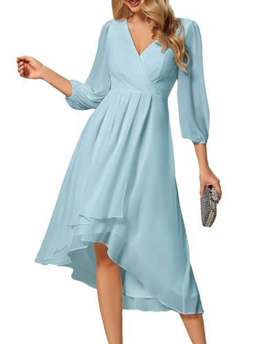 Ever-Pretty Robe d'Invité de Mariage Femme Col V 3/4 Manches Mousseline High Low Bleu Ciel 50