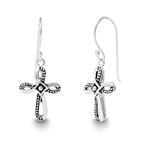 Willowbird Oxidized Sterling Silver Textured Beaded Cross Dangle French Wire Earrings for Women ( Beaded Cross )