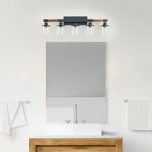 Image of 5-Light Bathroom Vanity Light Fixtures, Farmhouse Vanity Lights for Bathroom, Rustic Industrial Vintage Black Wood Wall Sconce Over Mirror with Clear Glass Shade
