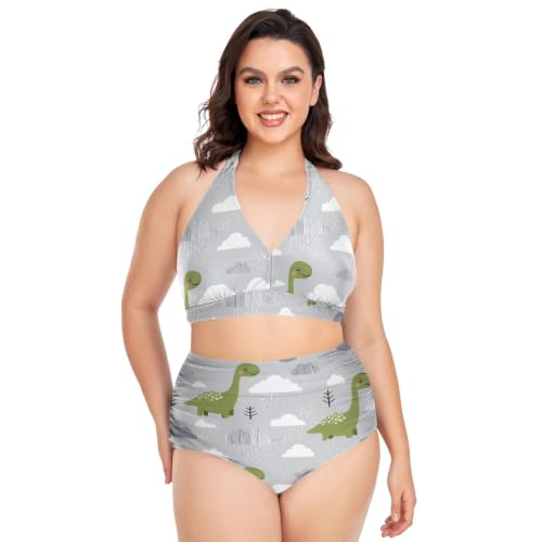 Bikini grande taille col lasso : maillot 2 pièces haut de gamme motif dinosaure