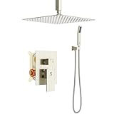 SR SUN RISE 12 Inch Ceiling Mount Brushed Nickel Shower System Bathroom Luxury Rain Mixer Shower Combo Set Ceiling Rainfall Shower Head System (Contain Shower Faucet Rough-in Valve Body and Trim)