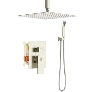 SR SUN RISE 12 Inch Ceiling Mount Brushed Nickel Shower System Bathroom Luxury Rain Mixer Shower Combo Set Ceiling Rainfall Shower Head System Faucet Trim Repair Kits with Rough-in Valve and Trim