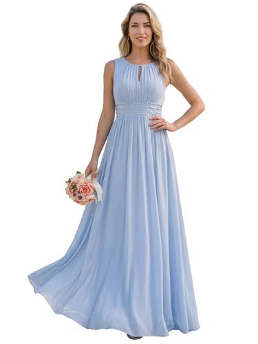 Image of Ever-Pretty Women's Chiffon Sleeveles Summer Formal Wedding Guest Dresses Ruched A Line Hollow Out Crew Neck Bridesmaid Dress