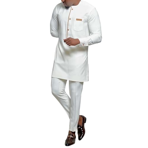 Africa Suit for Men, African Men's Outfit, Long Sleeve Dashiki with Gold Print and Trousers, Traditional Suit, 2 Piece Set, Islamic Costume Kaftan Dubai Arab Kaftan Clothing, White (white 2), XXL