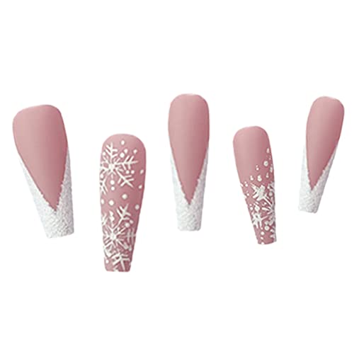 Qingge Christmas Pink French Tip Press On Nails Long Snowflake Coffin Fake Nails Glossy Design Stick On Nails With Glue Nude Hot Pink False Nails Tips Exquisite Acrylic Nails Summer Static Nails For Women 24Pcs #TOP3