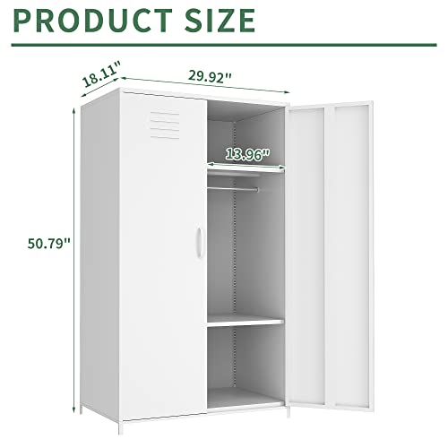 Lissimo Children Wardrobe Storage Cabinet,Metal Lockers With 2 Shelves And Hanging Rod For Kids Toy Clothes Books Storage Organizer (White 18.11" D X 29.92" W X 50.78" H) #TOP7