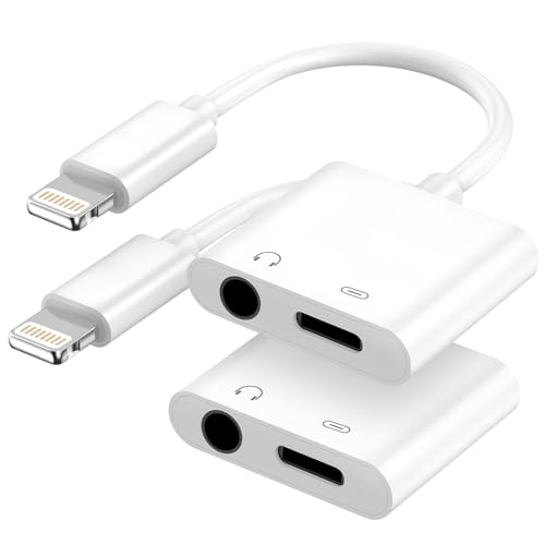 Apple MFi Certified 2-in-1 Lightning to 3.5mm Headphone Jack Adapter,Fast Charger&Aux Audio Splitter Dongle for iPhone-Car AUX,Home,Gym,Travel,Compatible with iPhone 14/13/12/11/XR/X/8/7,2Pack,White