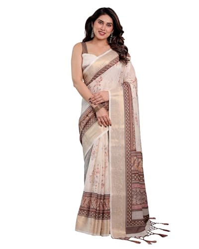 Image of ALMAARI FASHION Handloom Cotton Linen Saree for Women with Floral Printed Design and Tassel Pallu, Traditional Ethnic Lightweight Saree for Daily Office Festive with Blouse Piece