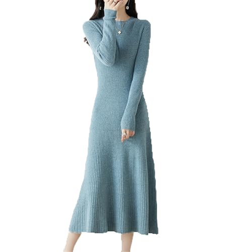 Damen Maxi-Strickkleid aus Wolle Langarm Herbst Winter Freizeitkleid Rundhals Pullover hohe Taille schwingender einfarbiger Rock EN803 M