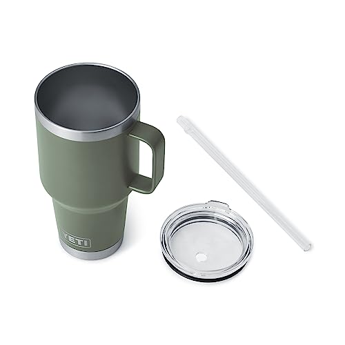 Image of YETI Rambler 35 oz Tumbler with Handle and Straw Lid, Travel Mug Water Tumbler, Vacuum Insulated Cup with Handle, Stainless Steel, Camp Green