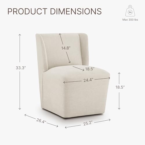 Image of KISLOT Upholstered Dining Chairs Set of 2 with Casters, Wingback Modern Side Armless Deskchair with Rollers for Diningroom Bedroom Livingroom Reading Room, Cream Beige Fabric