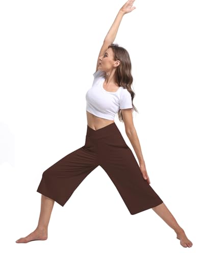 Image of Kivdol 3 Pack Womens Wide Leg Yoga Capris Crossover High Waist Casual Capri Pants Loose Soft Pajama Pockets Sweatpants