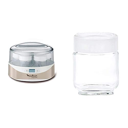 Moulinex Yogurteo Yogurtera, 13 W, 1.12 litros, 0 Decibelios, Pl�stico, Plateado + A14A0 - Tarro para yogurt casero, libre de BPA, apto para lavavajillas, 160 ml, 7 unidades, vidrio