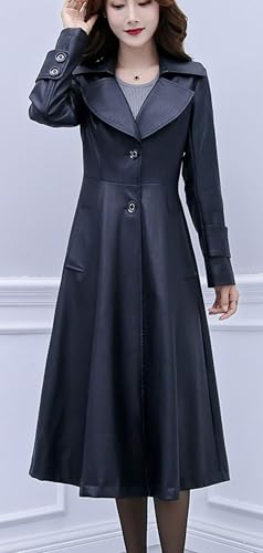 ebossy Women's Elegant Lapel Collar 2 Button Fit-Flare Pu Leather Long Trench Coat3