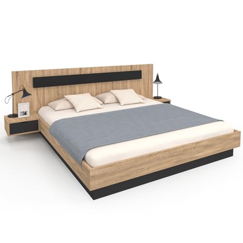 IDMarket - Lit Double Santa avec tête de lit + Tables de Chevet intégrées et sommier 180 x 200 cm Bois et Noir